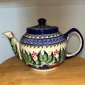 NEW Unikat Polish Pottery Teapot Holly Blue Green Signed Monika